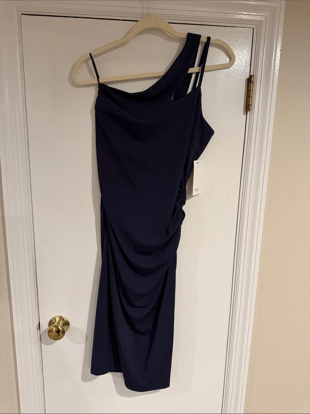 NWT. Size Small. Navy One-Shoulder Ruched Dress